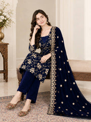 Elegant Navy Velvet Suit with Gold Embellishments