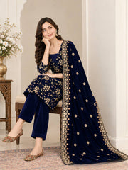 Elegant Navy Velvet Suit with Gold Embellishments