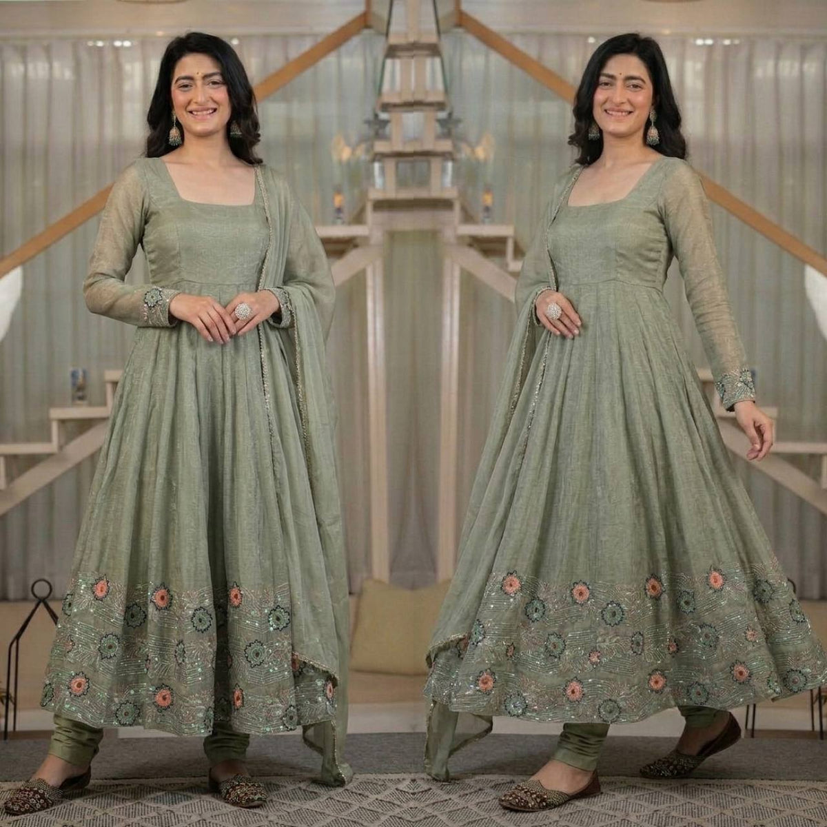 Chic Green Anarkali with Intricate Embroidery