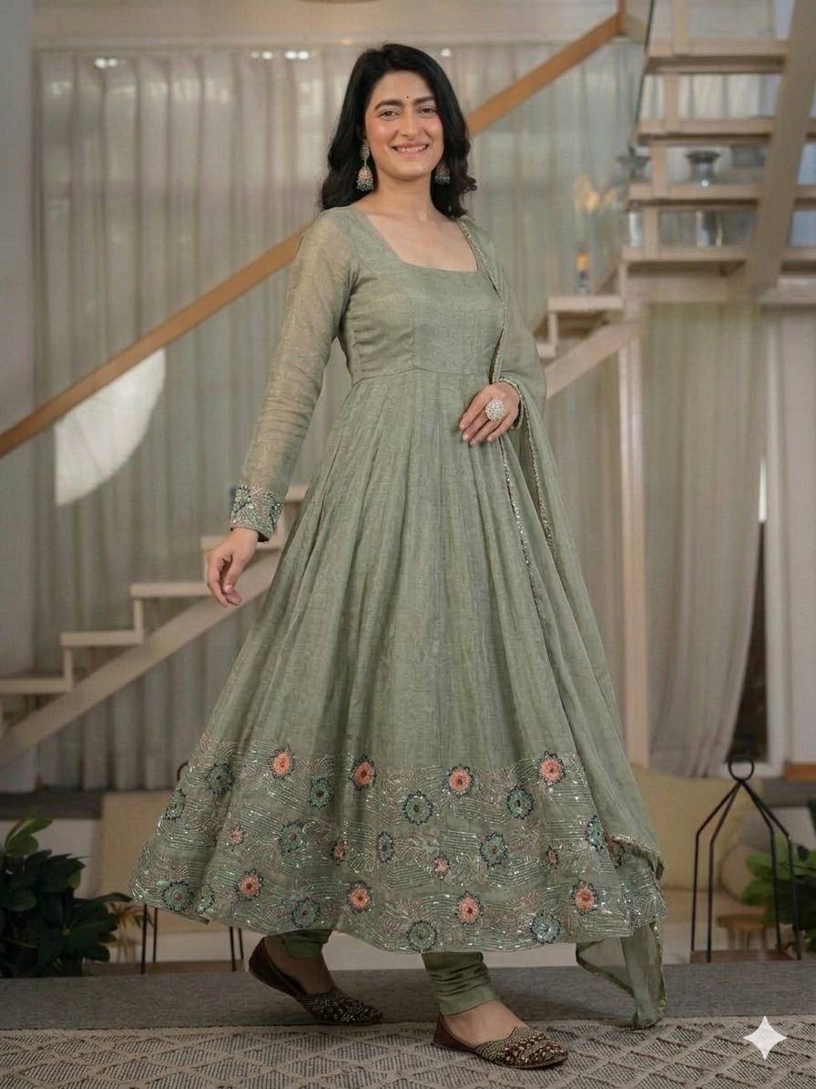 Chic Green Anarkali with Intricate Embroidery