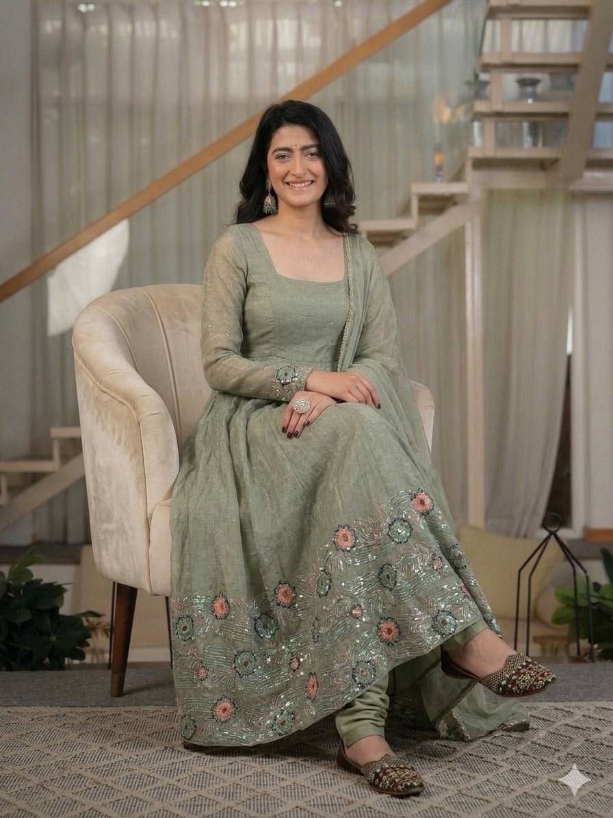 Chic Green Anarkali with Intricate Embroidery