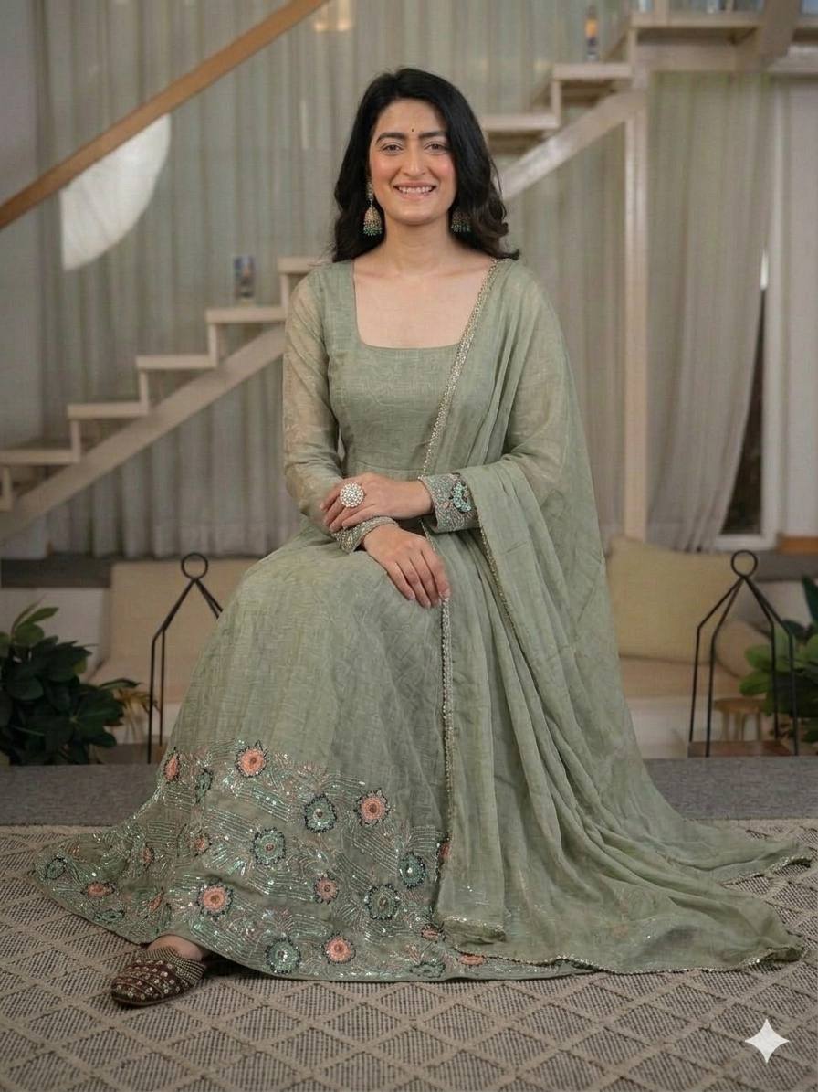 Chic Green Anarkali with Intricate Embroidery
