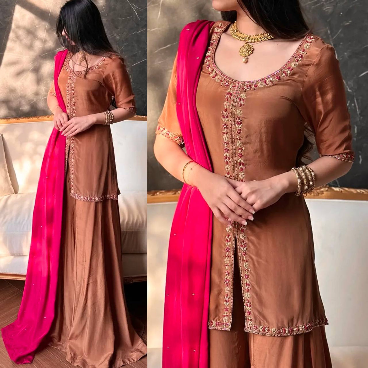 Intricate Neckline Festive Wear Silk  Suit Outfit