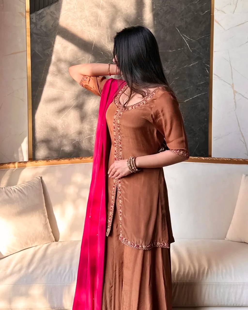Intricate Neckline Festive Wear Silk  Suit Outfit