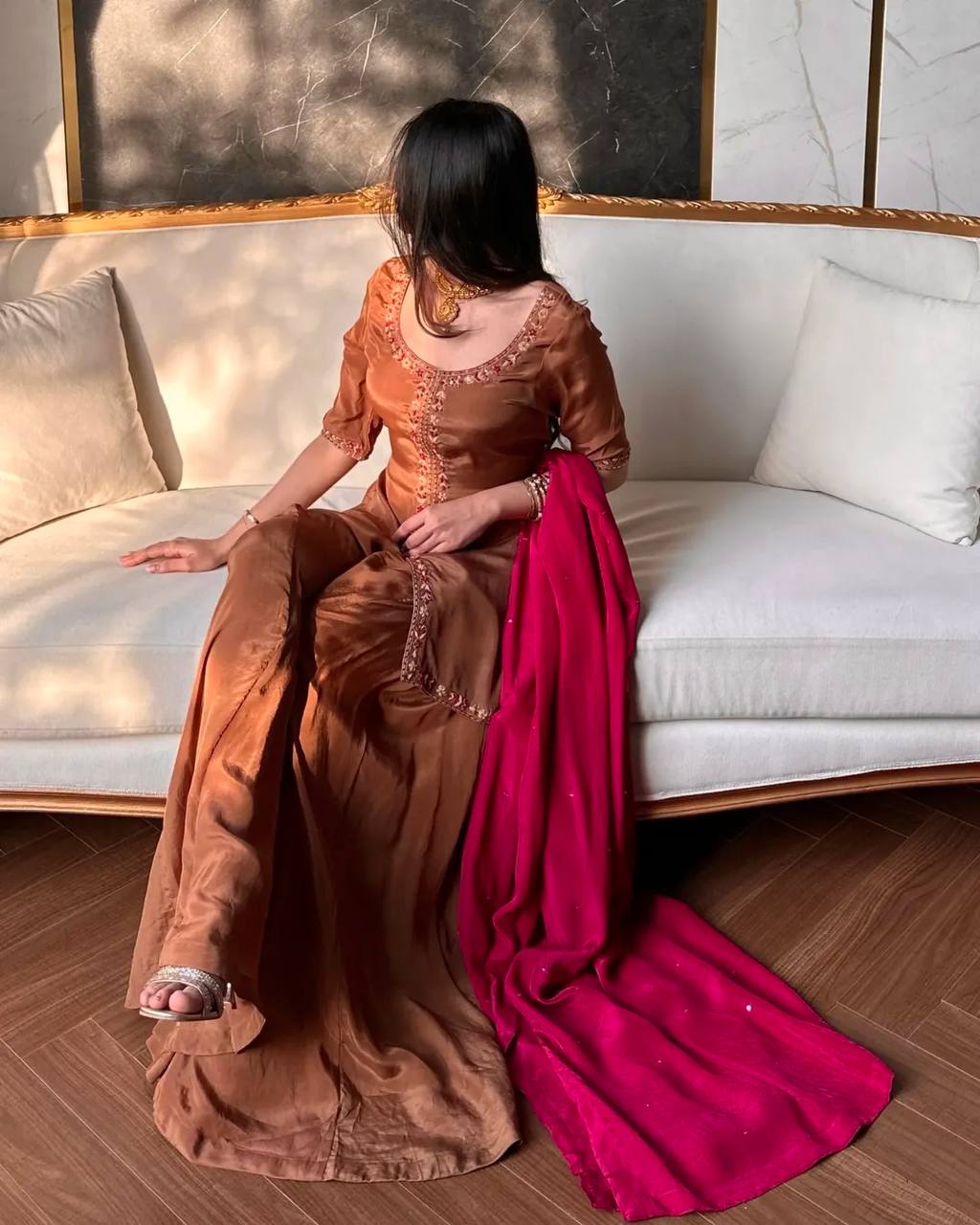 Intricate Neckline Festive Wear Silk  Suit Outfit