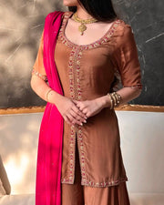 Intricate Neckline Festive Wear Silk  Suit Outfit