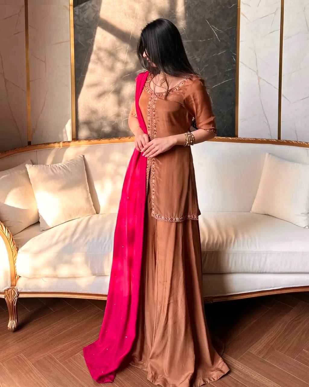 Intricate Neckline Festive Wear Silk  Suit Outfit