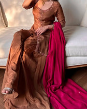 Intricate Neckline Festive Wear Silk  Suit Outfit