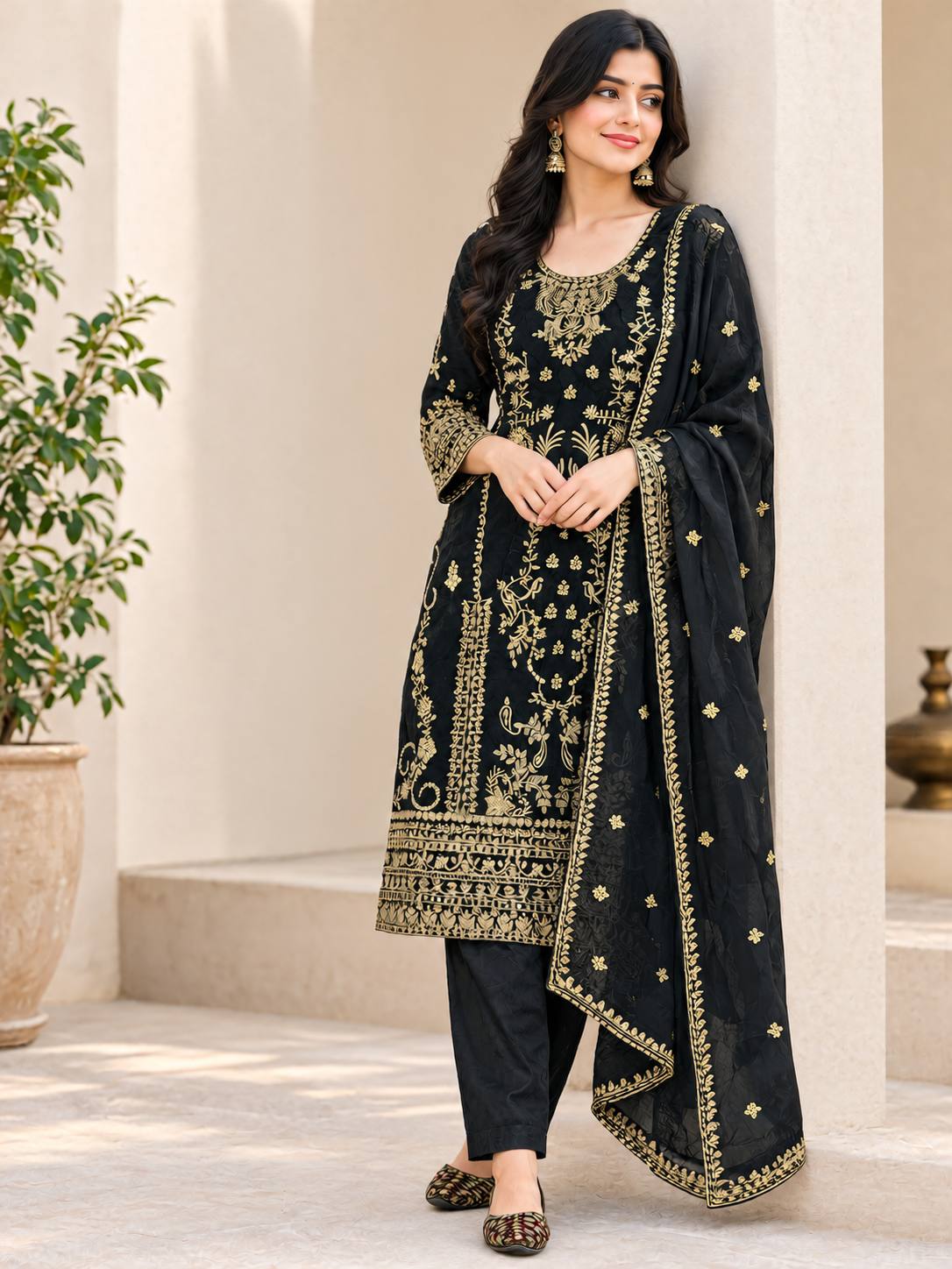 Opulent Black Embroidered Gold Suit Design