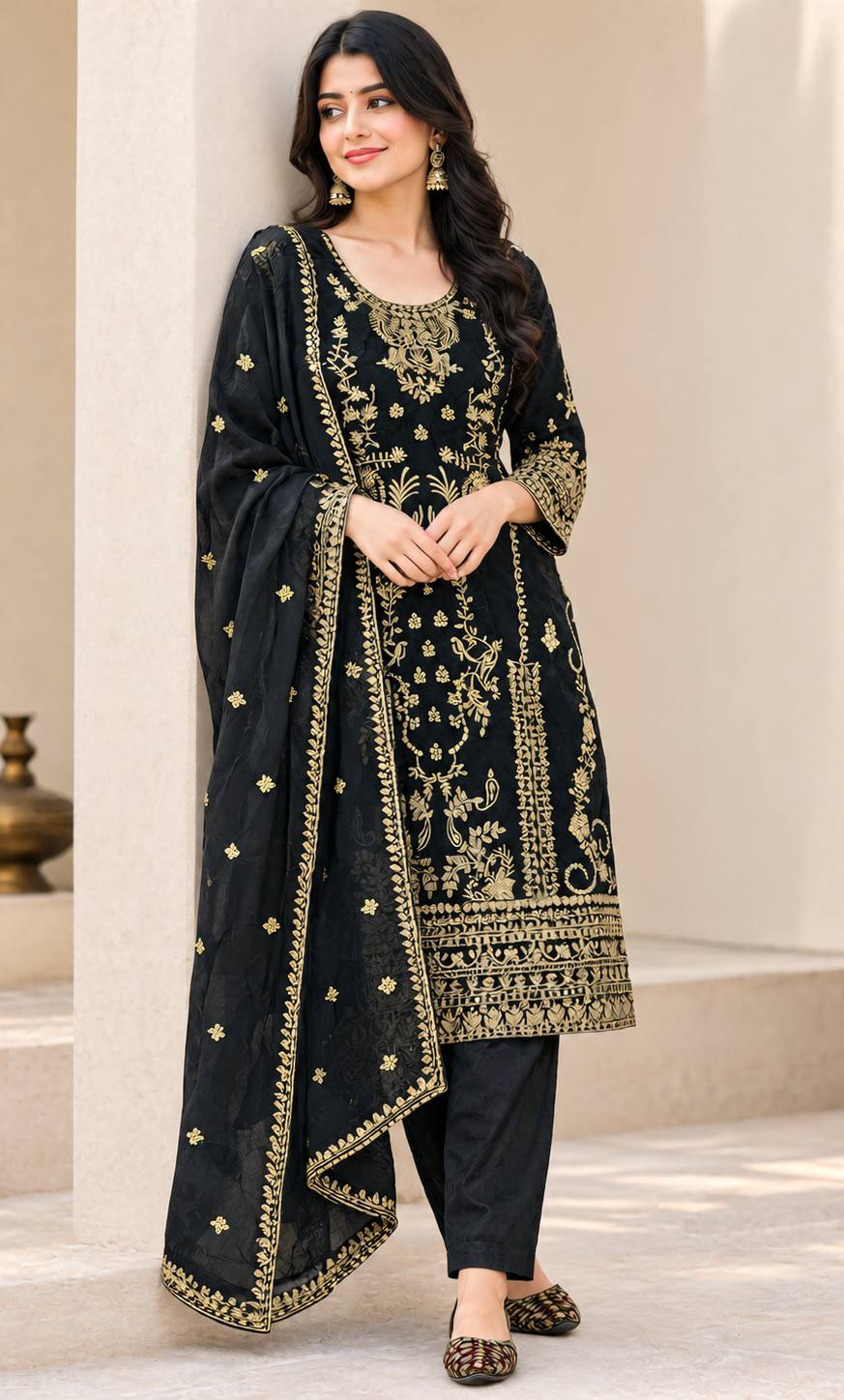 Opulent Black Embroidered Gold Suit Design