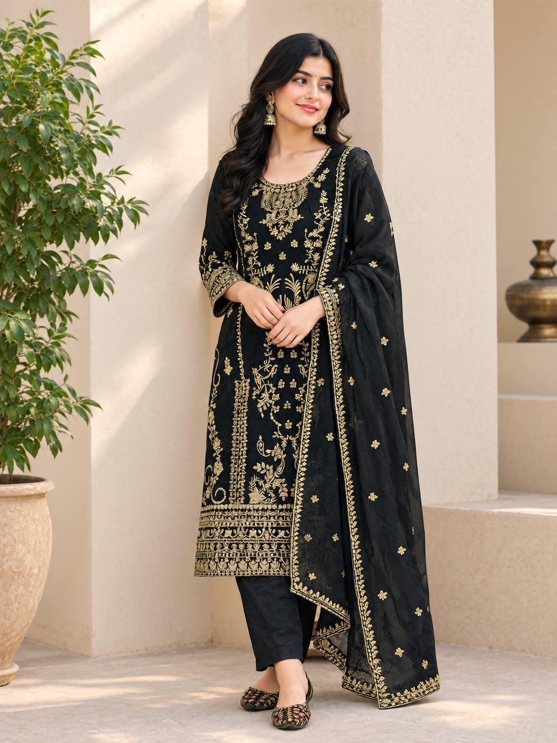 Opulent Black Embroidered Gold Suit Design