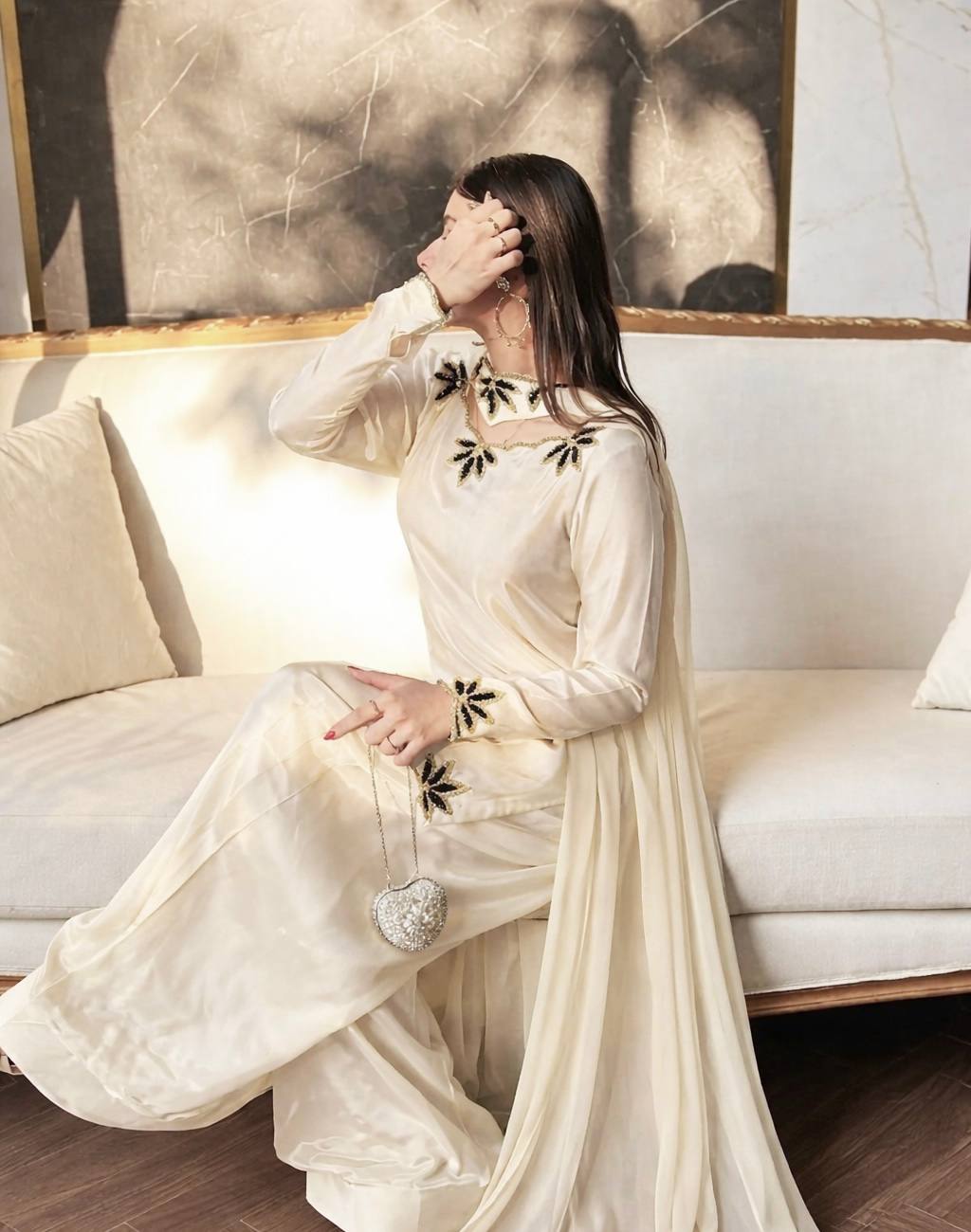 Elegant ivory salwar suit with black embroidery