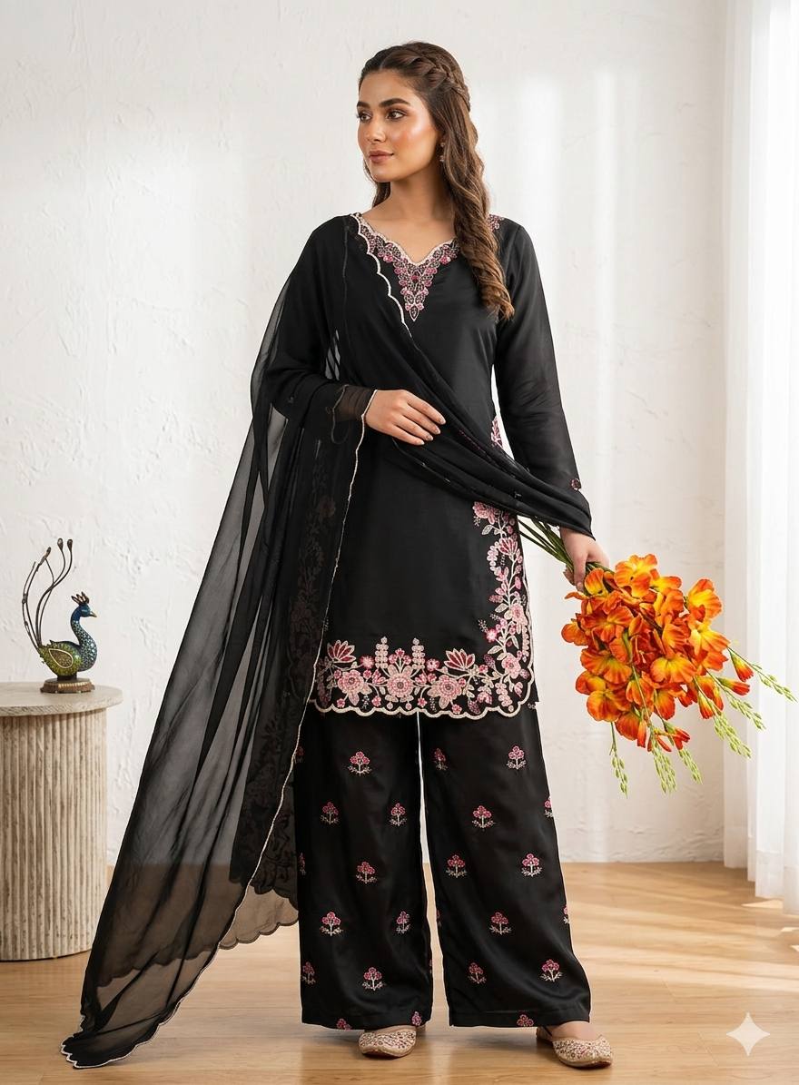 Elegant Black Suit with Floral Embroidery
