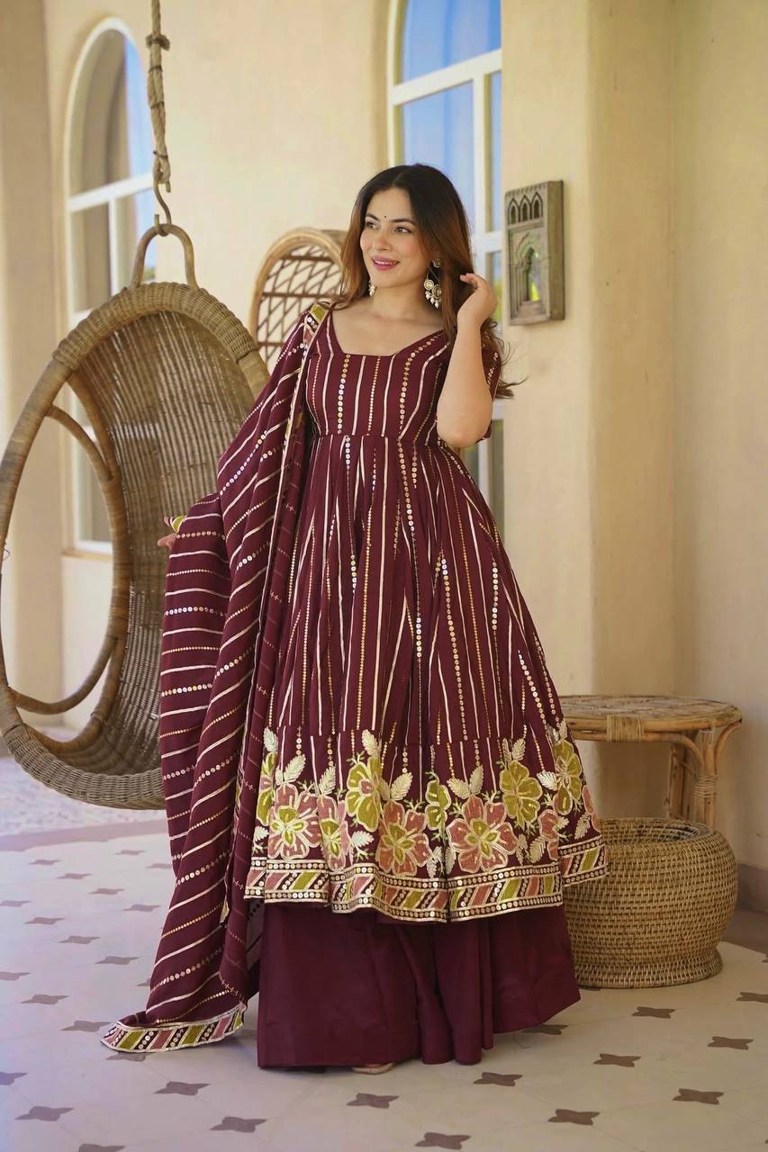 Royal Maroon Embroidered Anarkali Suit With Designer Dupatta Collection