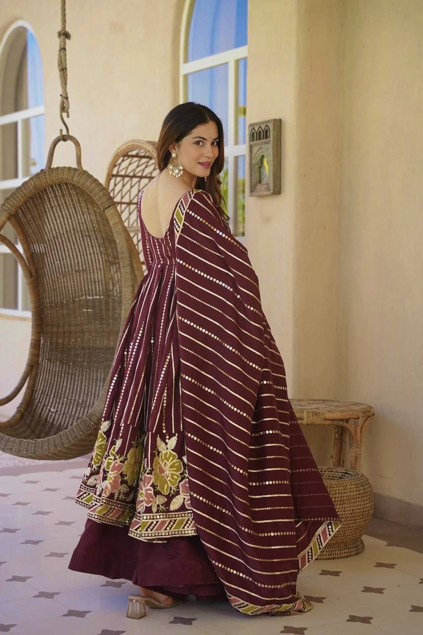 Royal Maroon Embroidered Anarkali Suit With Designer Dupatta Collection