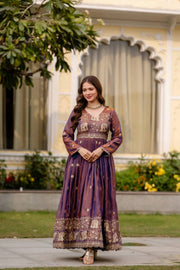 Majestic Purple Gold Anarkali Suit Ensemble
