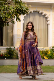 Majestic Purple Gold Anarkali Suit Ensemble