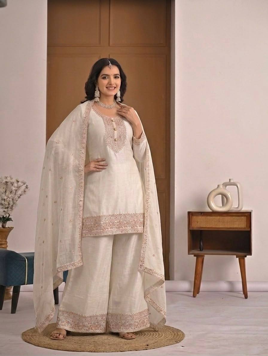 Chic White Suit Featuring Embroidered Dupatta