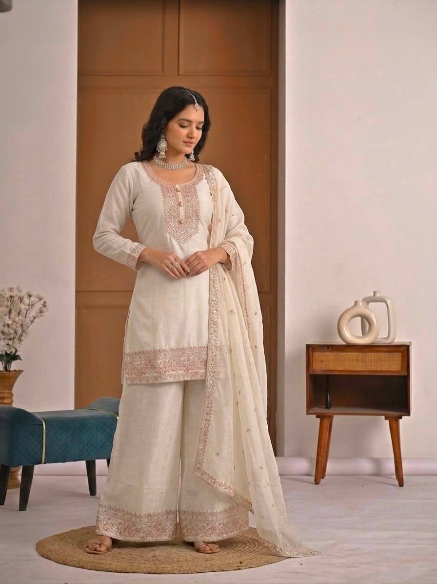 Chic White Suit Featuring Embroidered Dupatta