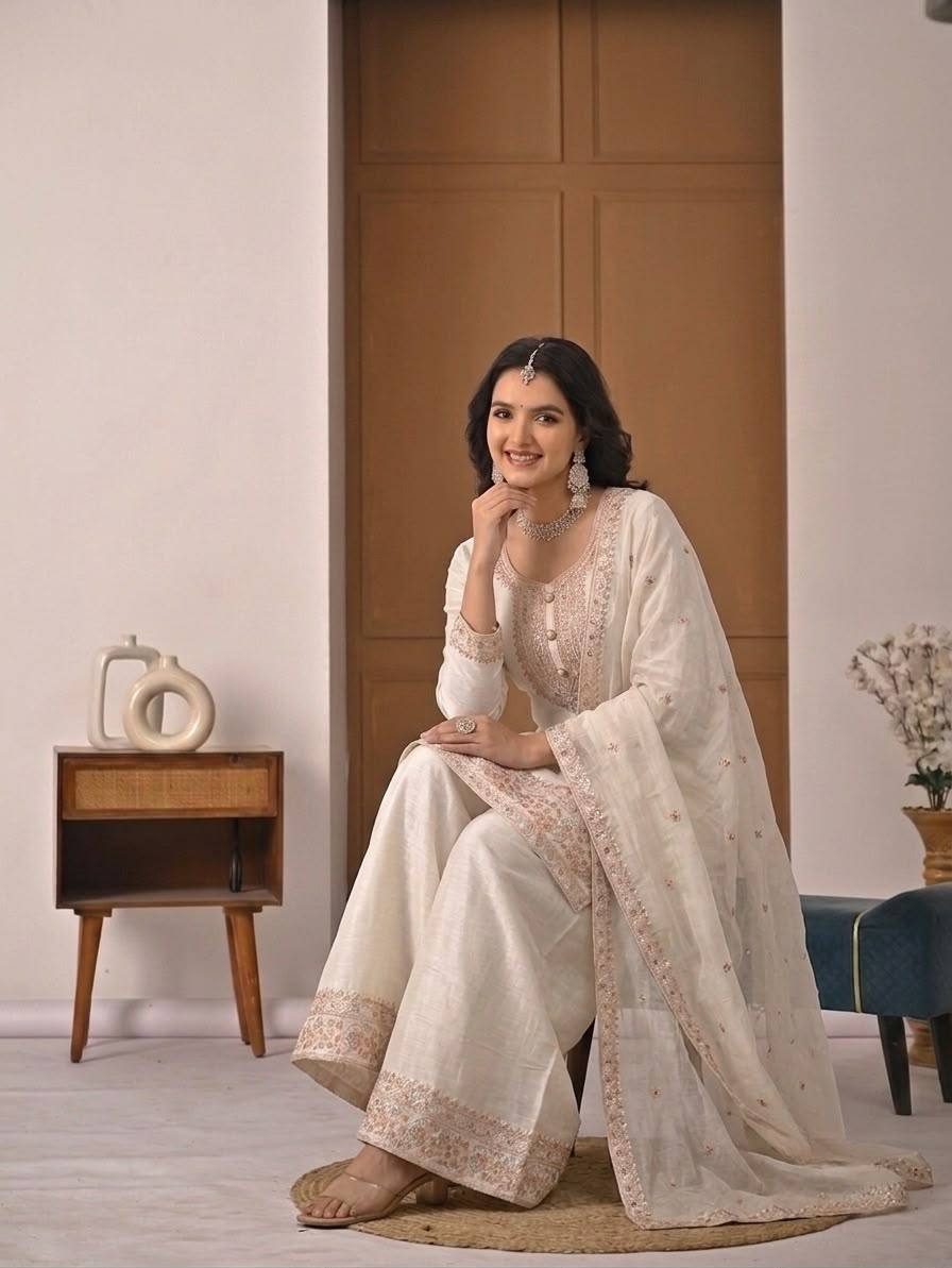 Chic White Suit Featuring Embroidered Dupatta