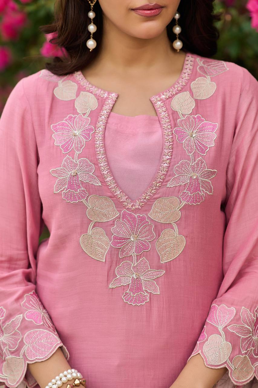 Elegant Blossom Pink Embroidered Suit Ensemble