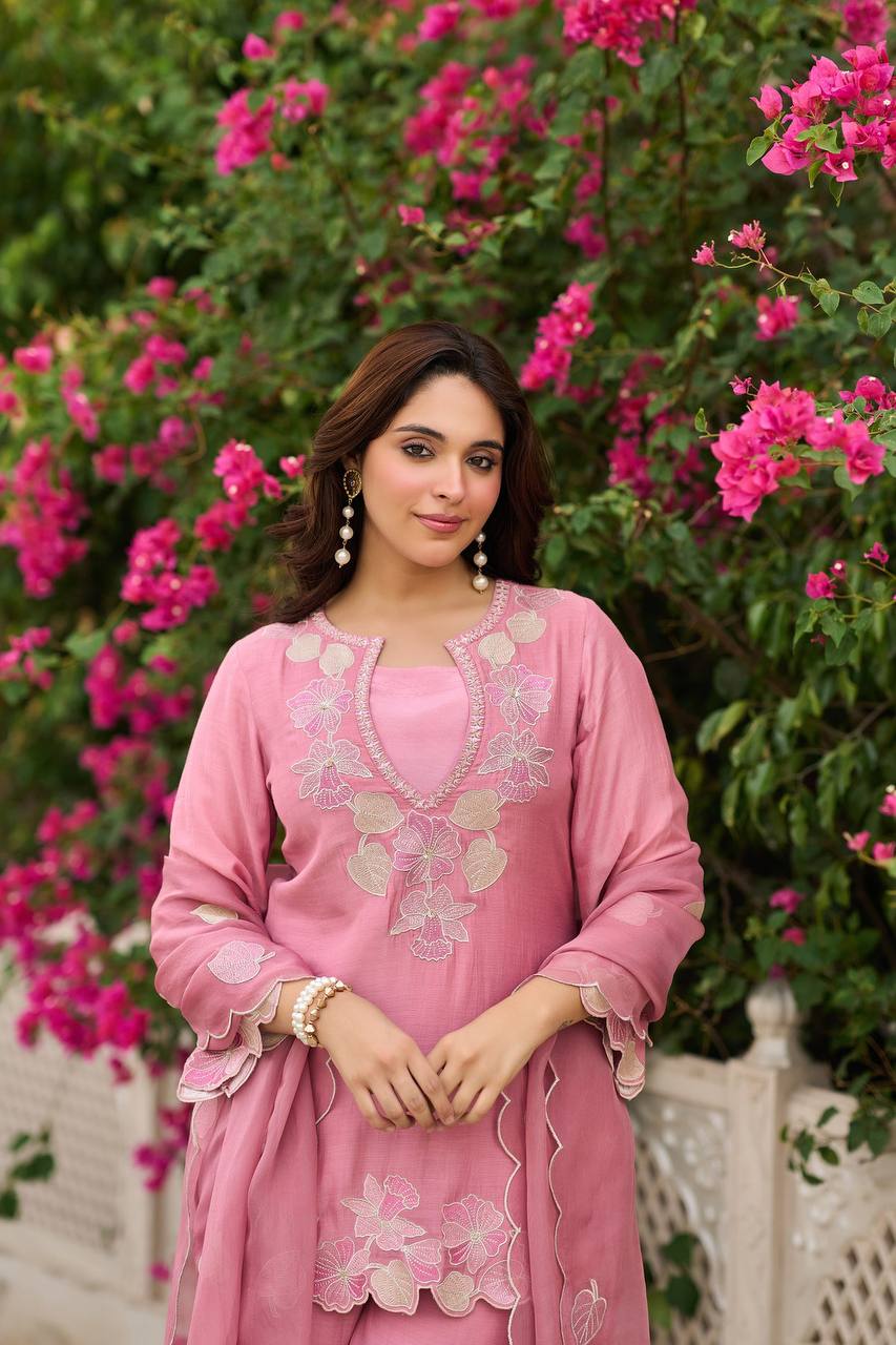 Elegant Blossom Pink Embroidered Suit Ensemble
