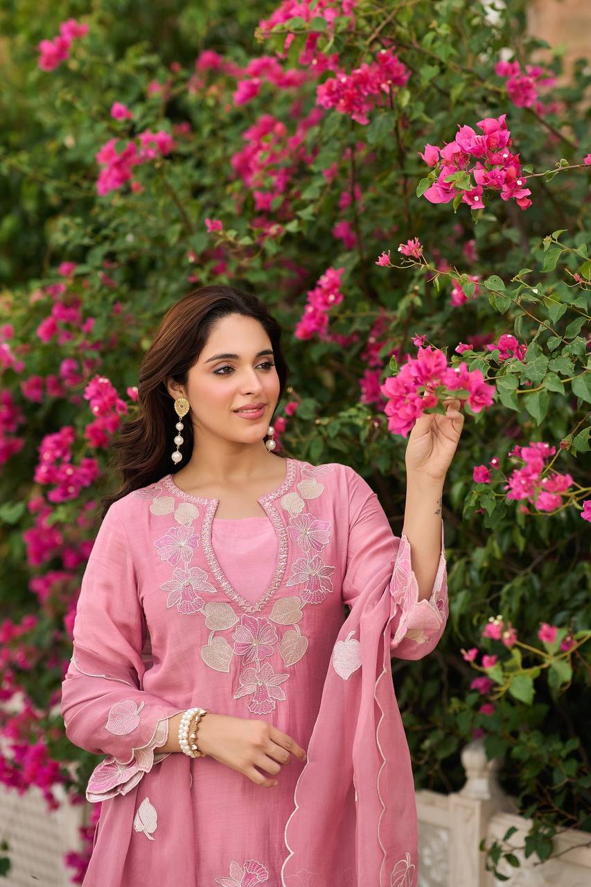 Elegant Blossom Pink Embroidered Suit Ensemble