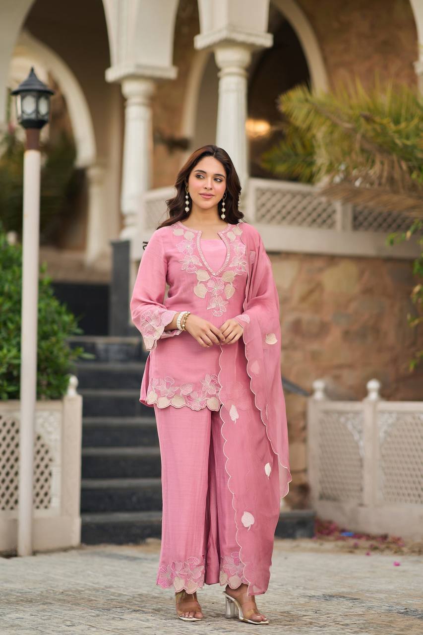 Elegant Blossom Pink Embroidered Suit Ensemble