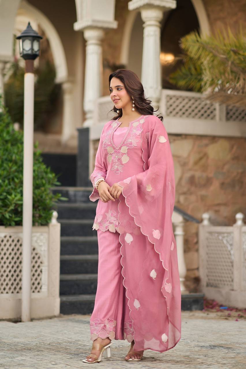 Elegant Blossom Pink Embroidered Suit Ensemble