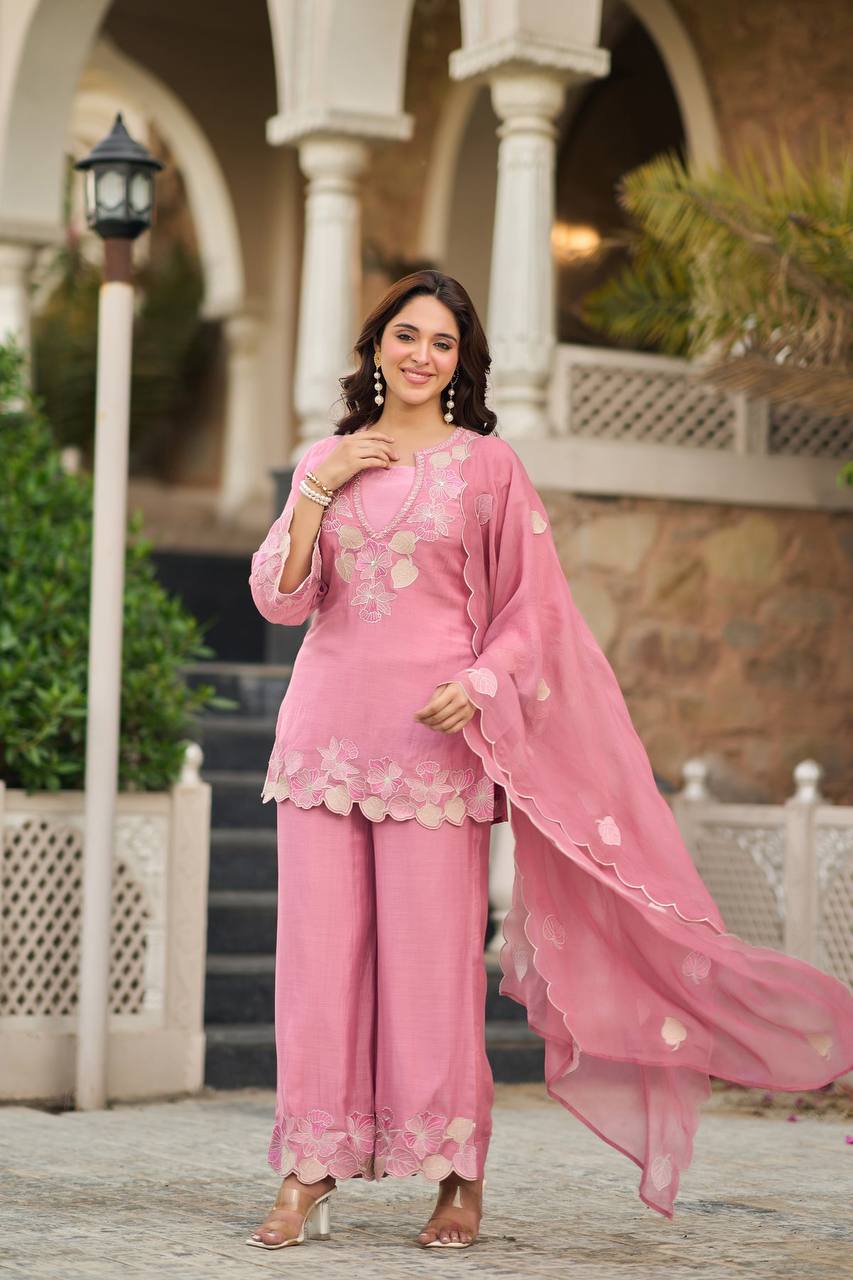 Elegant Blossom Pink Embroidered Suit Ensemble