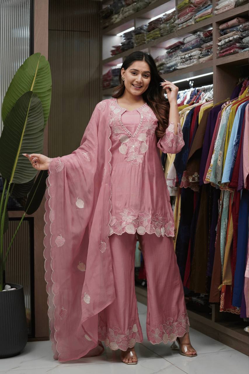 Elegant Blossom Pink Embroidered Suit Ensemble