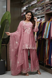 Elegant Blossom Pink Embroidered Suit Ensemble