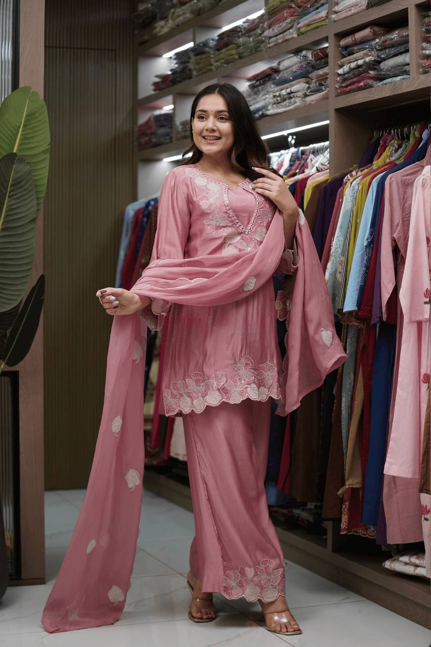 Elegant Blossom Pink Embroidered Suit Ensemble