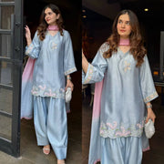 Prestige Blue Silk Couture Embroidered Farshi Salwar Suit Set