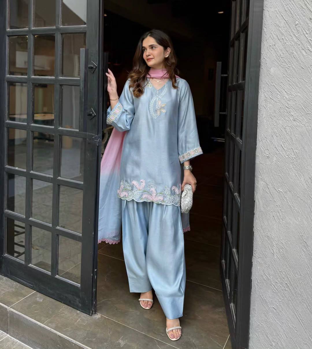 Prestige Blue Silk Couture Embroidered Farshi Salwar Suit Set