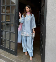Prestige Blue Silk Couture Embroidered Farshi Salwar Suit Set