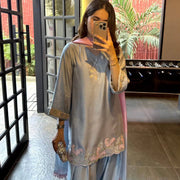Prestige Blue Silk Couture Embroidered Farshi Salwar Suit Set