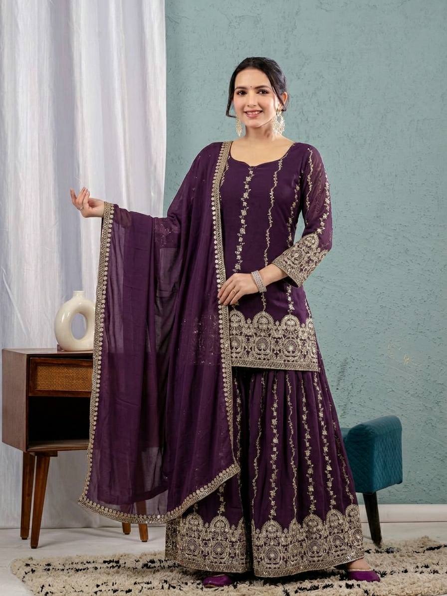 Elegant Purple Embroidered Georgette Suit Ensemble