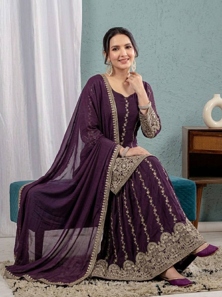 Elegant Purple Embroidered Georgette Suit Ensemble