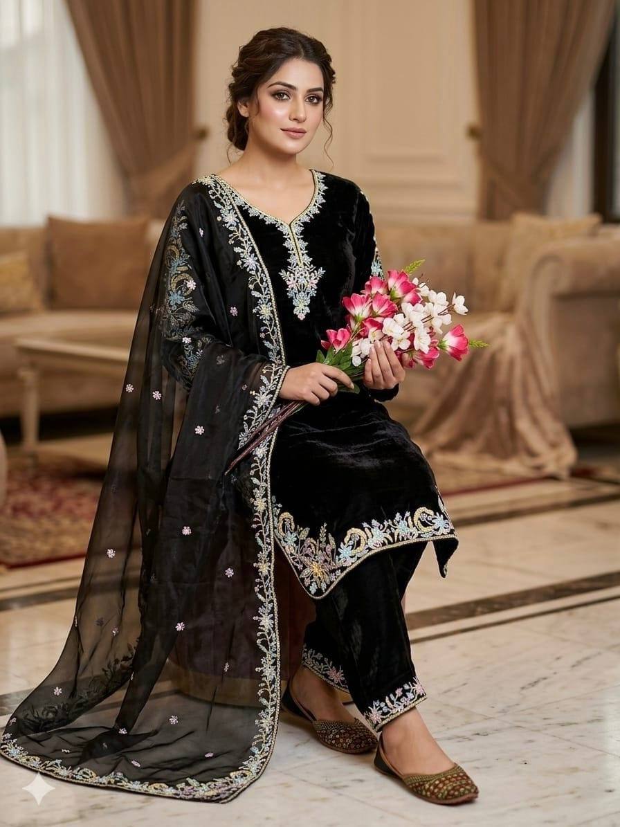 Exquisite Black  Embroidered Attire Set