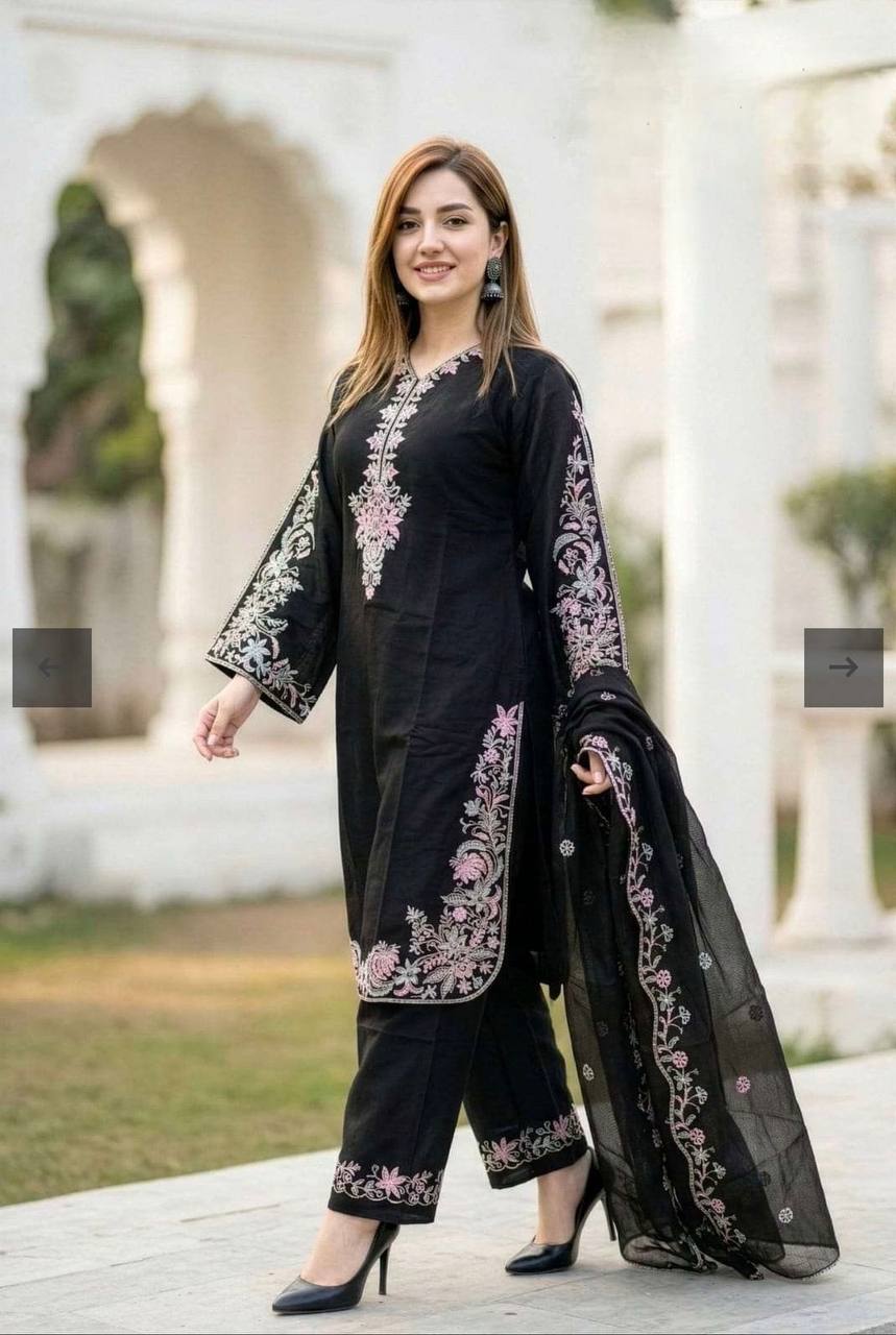 Exquisite Black  Embroidered Attire Set