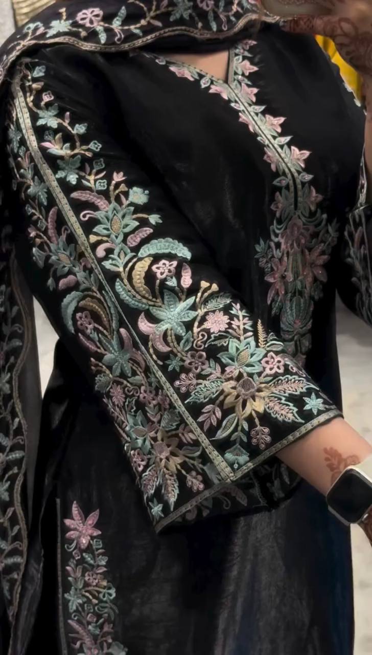 Exquisite Black  Embroidered Attire Set