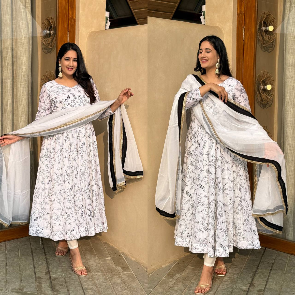White printed Anarkali suit with white dupatta