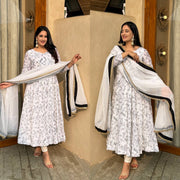 White printed Anarkali suit with white dupatta