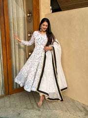 White printed Anarkali suit with white dupatta