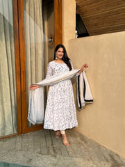 White printed Anarkali suit with white dupatta