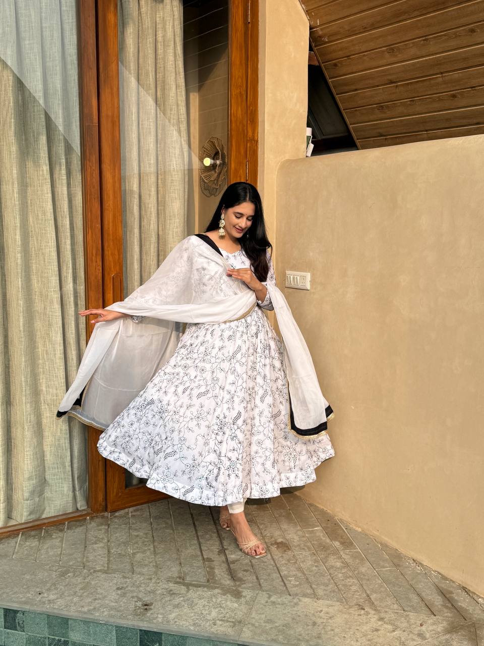 White printed Anarkali suit with white dupatta