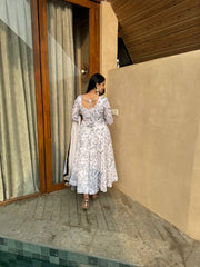 White printed Anarkali suit with white dupatta