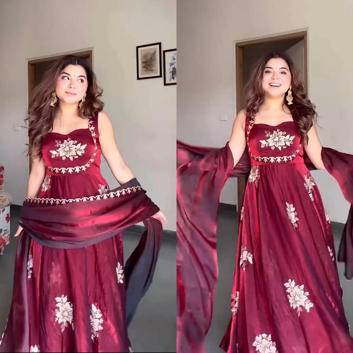 Maroon Embroidered Silk Anarkali Suit Set