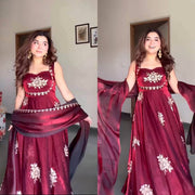Maroon Embroidered Silk Anarkali Suit Set